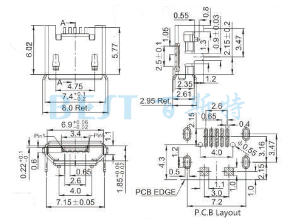 USB插座USB-MC-001-10參考圖紙 USB插座USB-MC-001-10參考圖紙