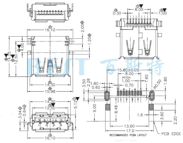 USB插座USB-A-09 3.0參考圖紙 USB插座USB-A-09 3.0參考圖紙