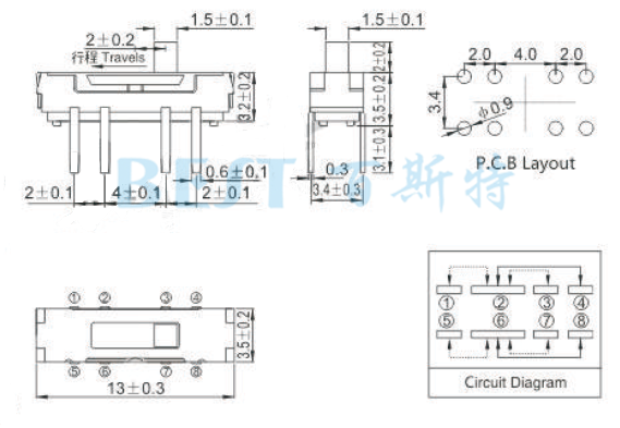 微型撥動開關(guān)MSS-23D38參考圖紙 微型撥動開關(guān)MSS-23D38參考圖紙